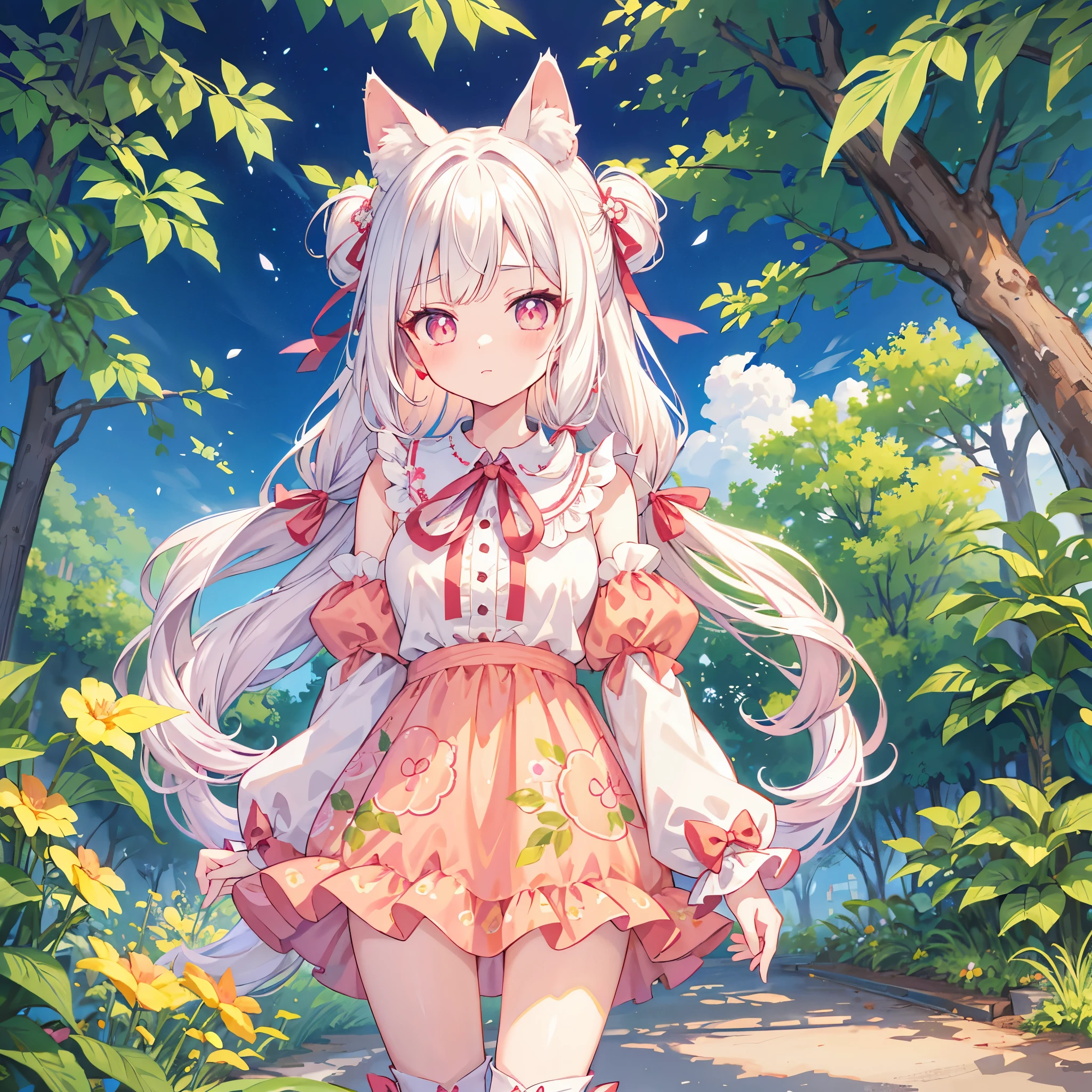 Plain white with emphasis on the chestＴshirt、You can see the chest from the neck、Ultramarine and white striped mini skirt、When you lift up her skirt you can see her cute pink frilly underwear...、fluffy, White frilly flared skirt、When she lifted her skirt, She found some cute red frilly underwear、barefoot、