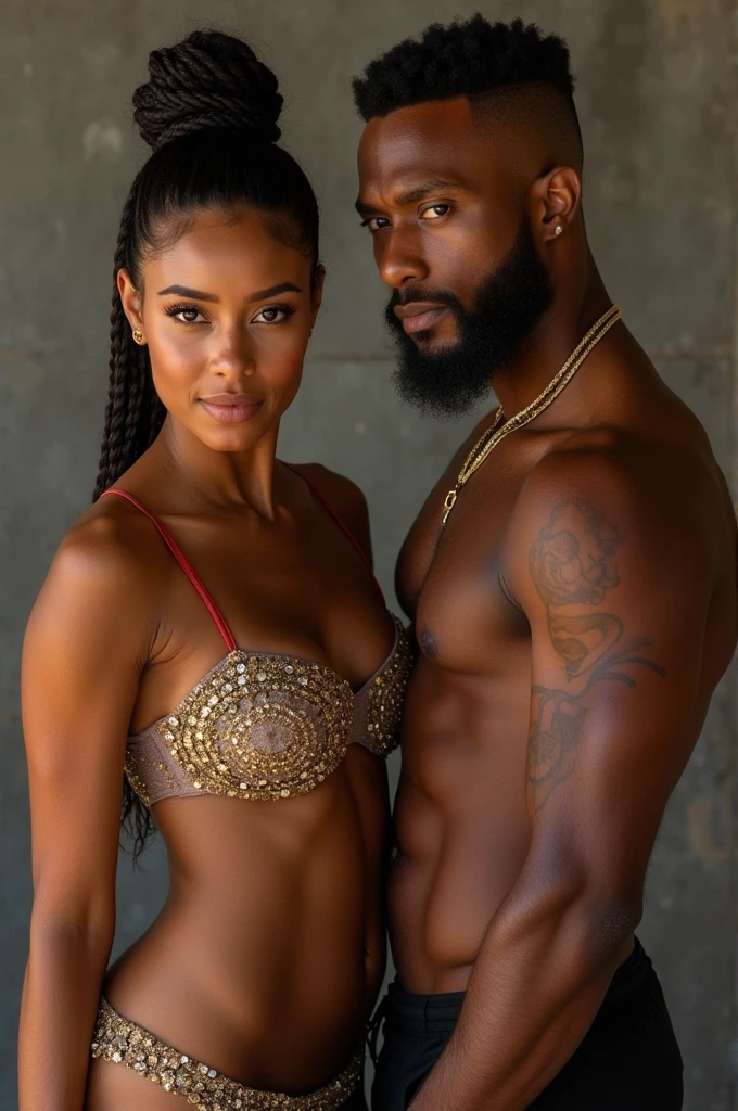 a black man and a black woman in a bikini, on the bed.