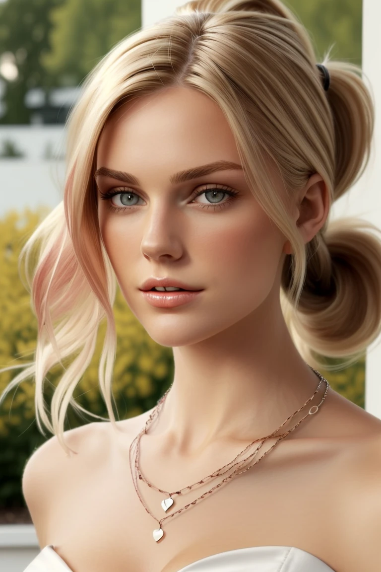 walking pose close up, (Body chain:1.3),1girl, solo, looking at viewer, outdoors, standing, (30-year- old norwegian beautiful slender petite woman supermodel),(wide jaw sharp jawline),(long wavy thick blonde hair), (perfect oval large eyes that gazes at the viewer), beautiful detailed face, hazel eyes, (blonde hair ponytail), (attractive young woman:1.3), (thick amazing hair), (seductive:1.1), (blushing:1.1)