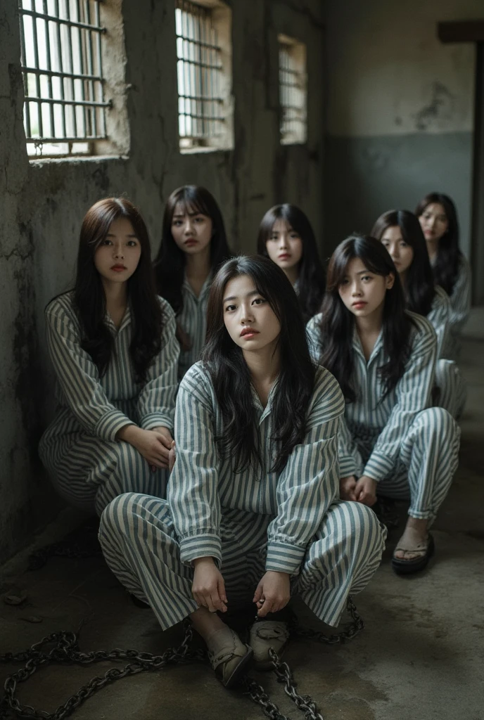 {
  "prompt": "A scene featuring beautiful Korean womens wearing long striped prisoner uniforms. They wear shoes. Their hands, neck and legs are cluffed with chains. They are sitting and their prision uniform are being striped. They are about to be executed. The setting is with hangs, Iron-barred windows, Worn floor. You can see her face and you can clearly see her looking at you.
}Breasts, High Resolution, Realistic, (((large breast , big breast , nsfw))) with long brown hair, wearing a red camisole and black pants, stands in a convenience store aisle. She is playfully covering her face with her hand, looking at the camera with a mischievous smile.