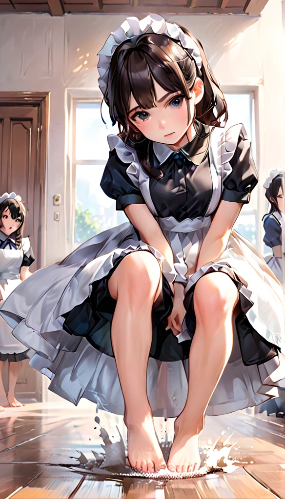 Anime Women, Maid, barefoot, raised leg, Stomping of feet on throat, Stomping of feet on neck, looking down, head out of frame, throw