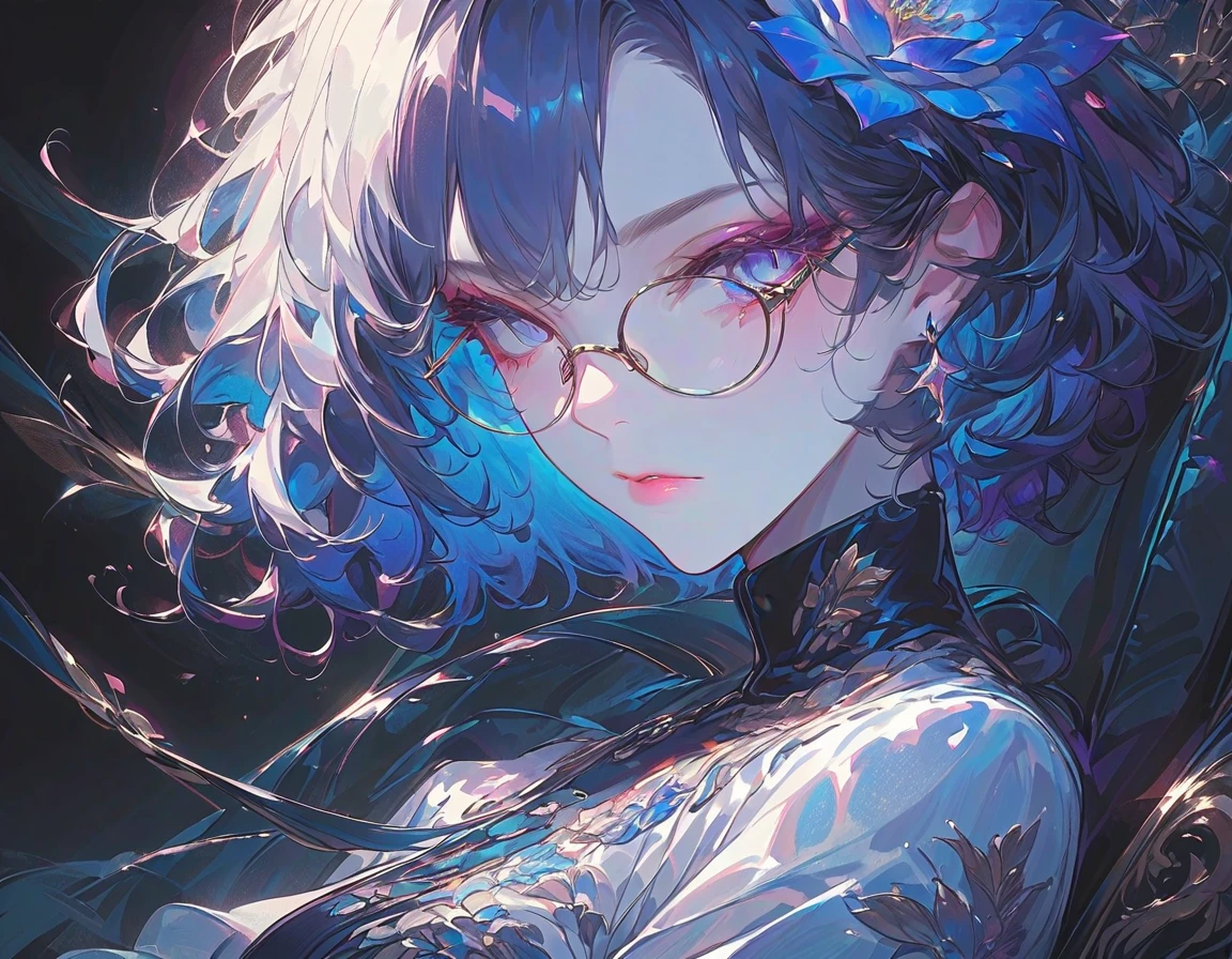 (Best Quality, very detailed, high resolution on down:1.2), short hair、Blue Hair Color、 Curly Hair、40 years old，Very long eyelashes, ，Detailed lips,  Cool Look ,  Sparkling Hair, ELEGANT MAKEUP , PORTRAIT ,Glasses、Long sleeve, brightly colored , Very beautiful flower black turtleneck person 1 person　,Study　 sitting in a gaming chair