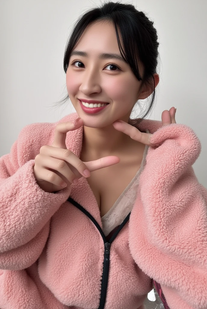 Only one woman with a cute smile wears cute, fluffy off-shoulder pajamas, makes a big heart shape with both hands, and poses them in front of her chest, View above collarbone、The background is a monotone 

