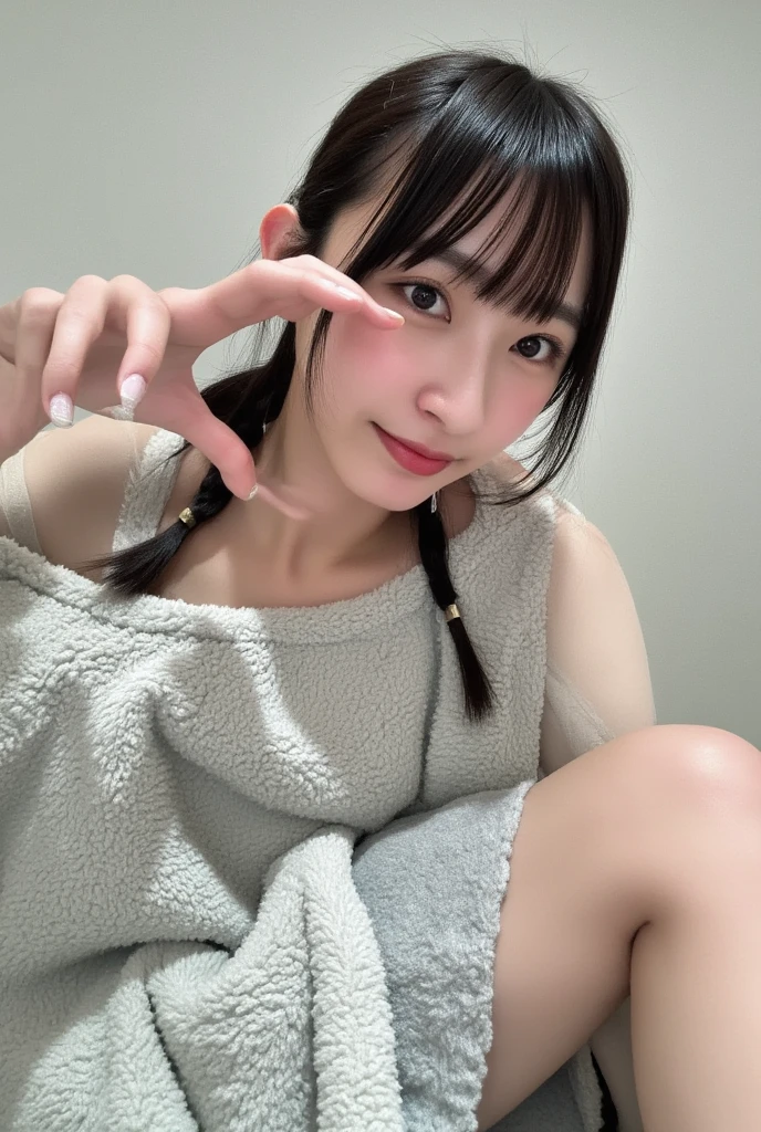 Only one woman with a cute smile wears cute, fluffy off-shoulder pajamas, makes a big heart shape with both hands, and poses them in front of her chest, View above collarbone、The background is a monotone 

