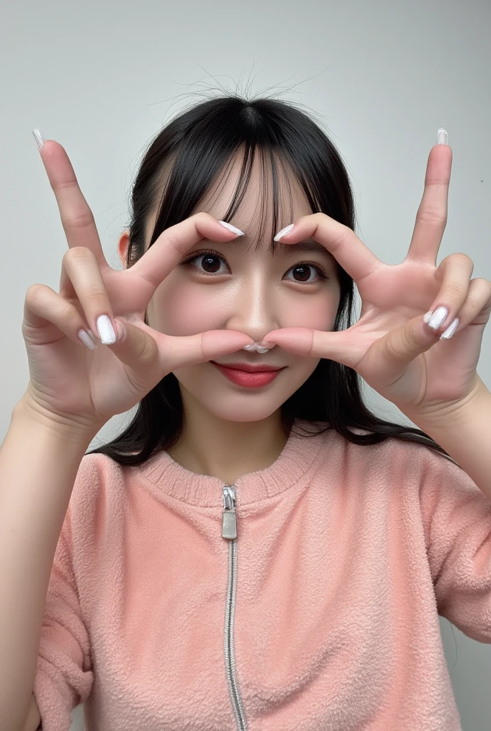 Only one woman with a cute smile wears cute, fluffy off-shoulder pajamas, makes a big heart shape with both hands, and poses them in front of her chest, View above collarbone、The background is a monotone 

