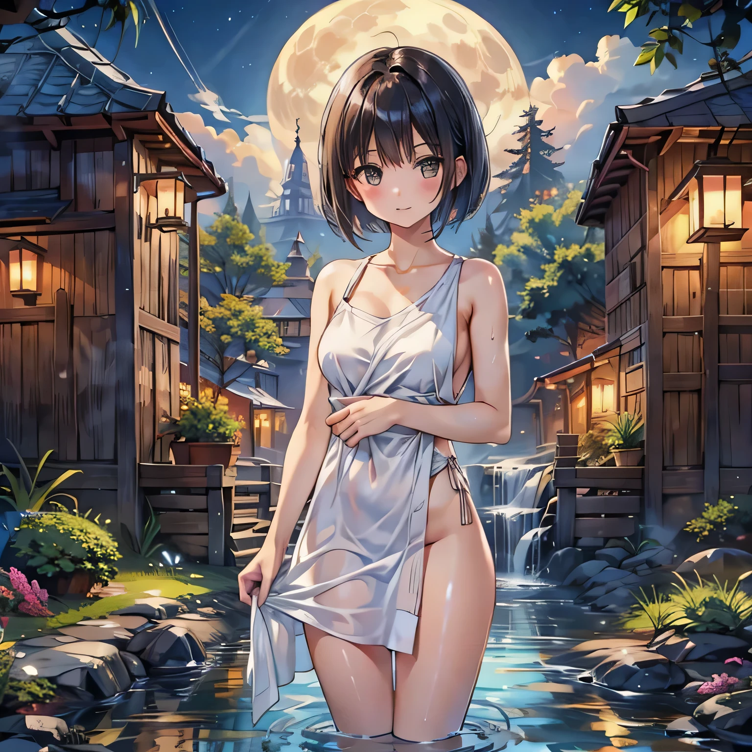 (masterpiece、Highest quality)、(Japan favelas、Old and dirty hot spring town、地下へ行く石のstage)、((Beautiful night view))、(3+ Naked Girls、e 12 rl、smile、fun)、((Big bath、Underground hot spring facilities、石のstage))、((Unsanitary and dim))、Shady Red Light District、shaved ice、Sale of drinks、(stage、Everyone is having fun bathing)、smile、Happy schoolchildrenatomy