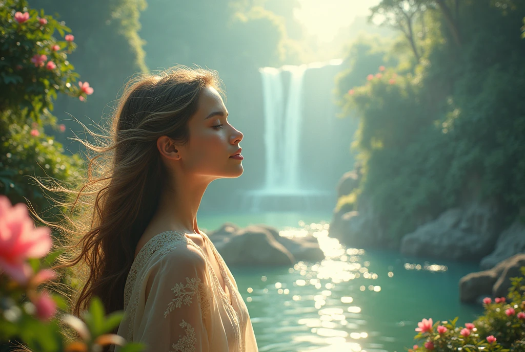upper body close-up, stunning lady, pink silk toga, pale skin. getting wet under a waterfall, getting her feet wet., looking up.,garden of eden, tree of life, a lot of vegetation, flowers, bushes, rivers, rocks, leaves, sunny, rays of light passing through the leaves of the trees, , 4k photography. fujifilm