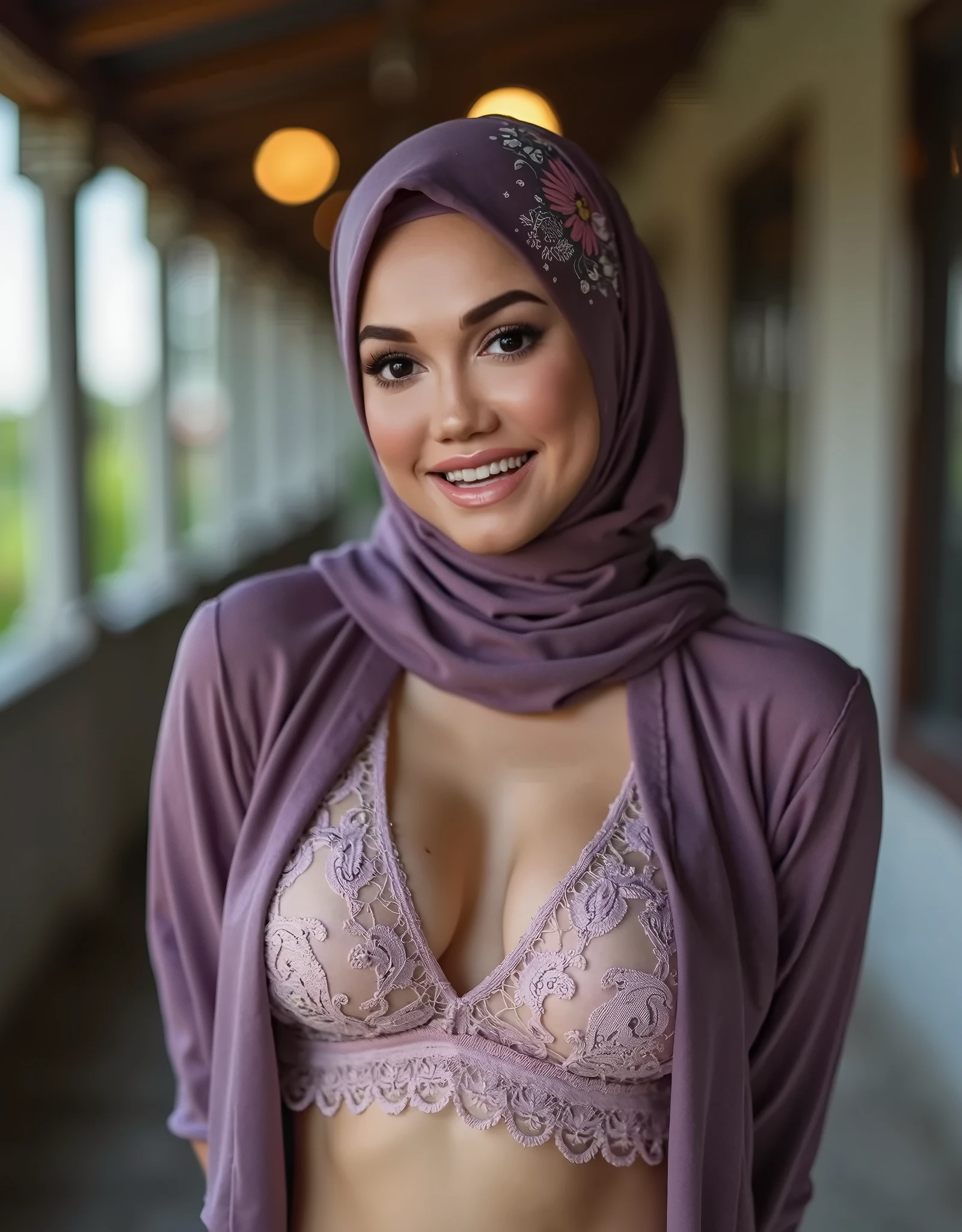 A very sexy facial reaction "Naked Lace Bra" ((Hijab)), (Malaysia female), age 33 years old, 8K, photottorialism, ((Flat Chest)), ((PANTY)) Street Village, Straddling , Owner of women's underwear store