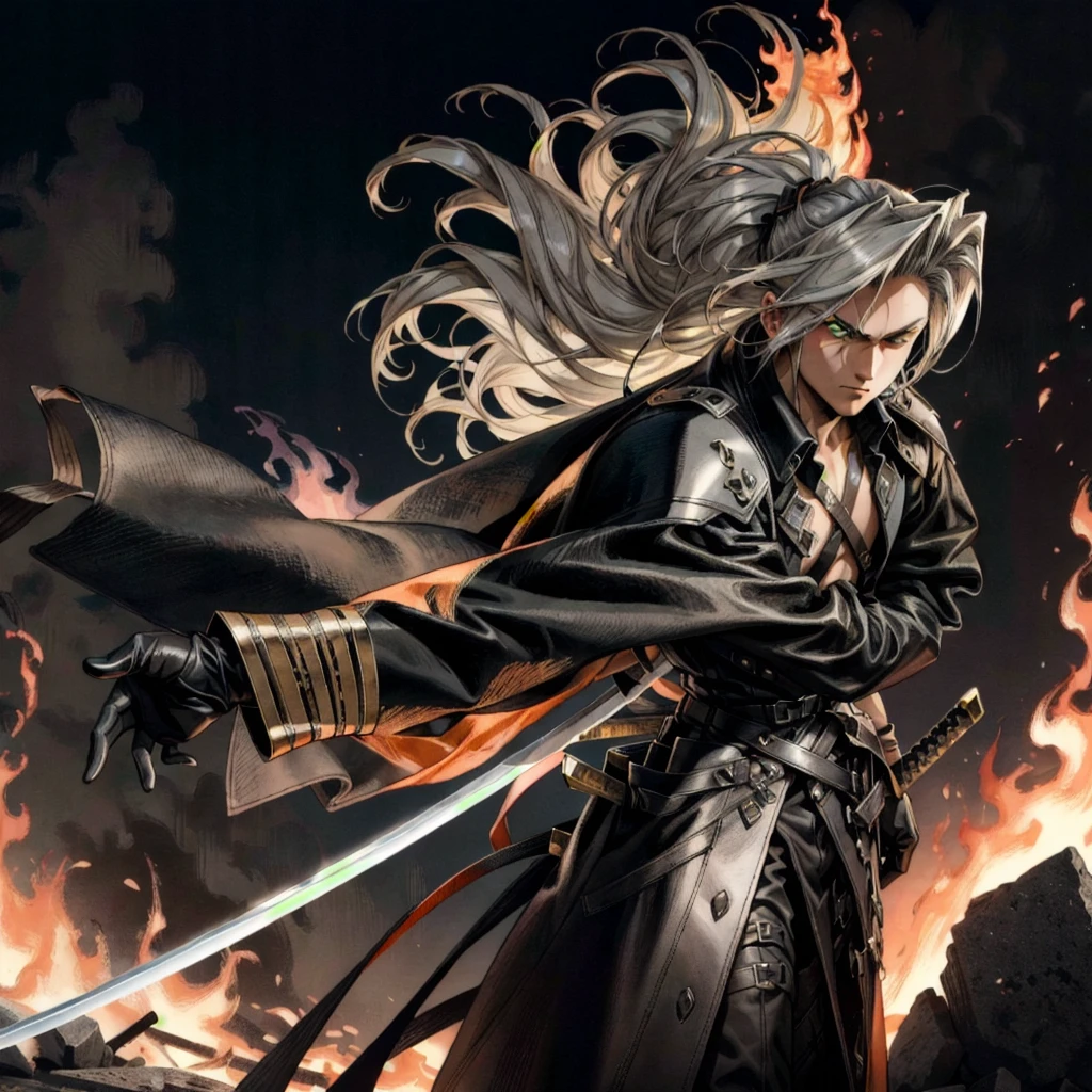 (masterpiece, best quality), intricate details, 1boy, standing, (looking at viewer), Sephiroth \(Final Fantasy\), Sephiroth, (holding sword in left hand:1.5), (green glowing mako eyes), dark theme, village, (fire scene:1.4), (fire:1.4), (conflagration:1.3), professional lighting, photon mapping, physically-based rendering, grey hair, weapon, sword, gloves, long sleeves, parted bangs, black gloves, chest strap, holding weapon, 