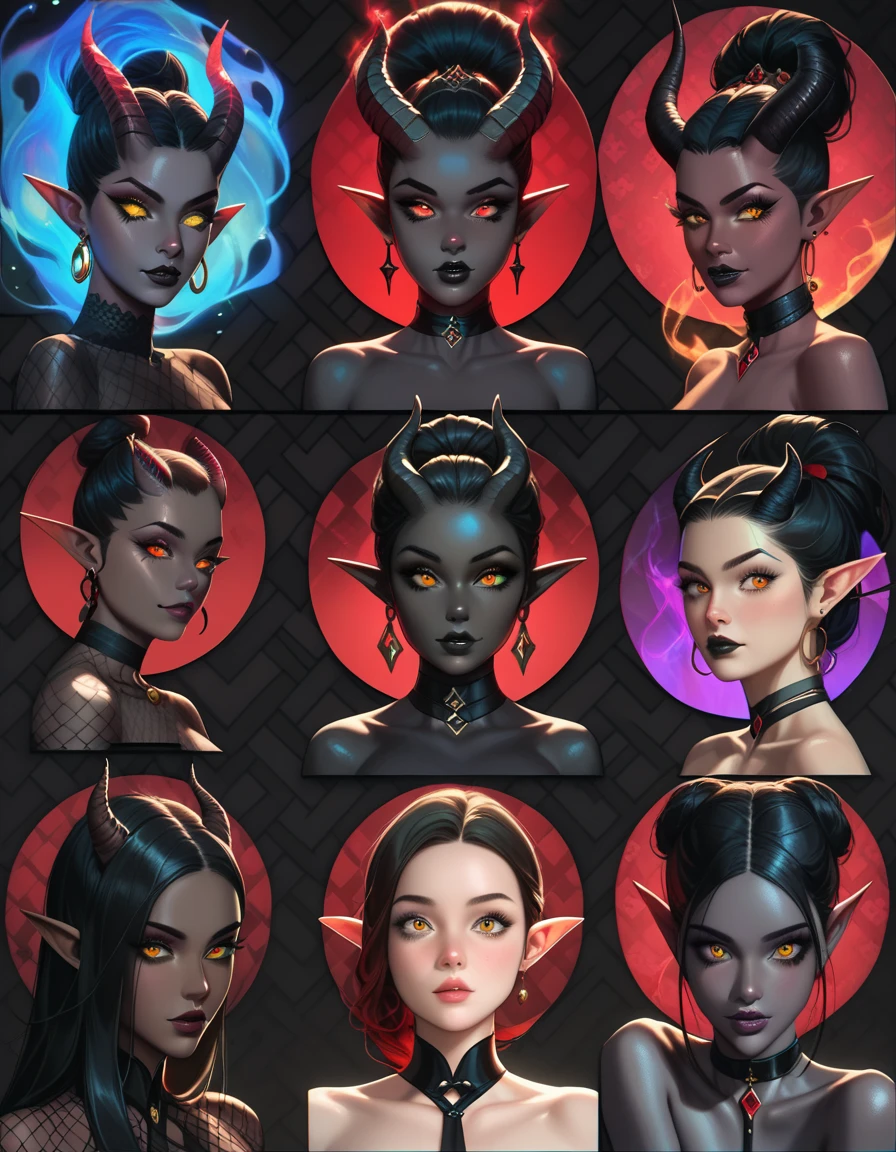 score_9, score_8_up, score_7_up, (Random poses), A beautifully detailed woman, succubus female, long black hair, elf ears, large eyes, red iris, long eyelashes, detailed facial features, black lipstick, (((Black skin))), demon horns, ((dark aura around body)), (((Black pattern background)))
