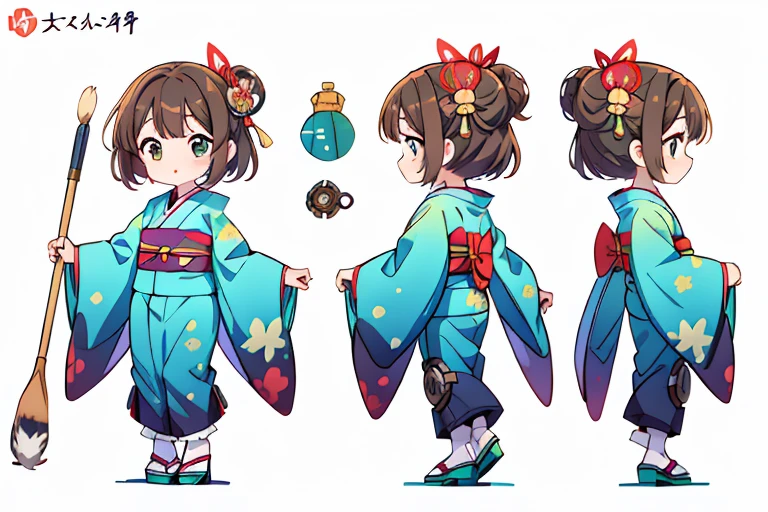 (best quality, masterpiece), droid personification of dice, chibi, nendoroido, steampunk, japanese tridetional kimono style cloth, standing , three view drawing, front and back and side, character sheet,full body,simple background,holding huge painting brush, blue and green outfit 