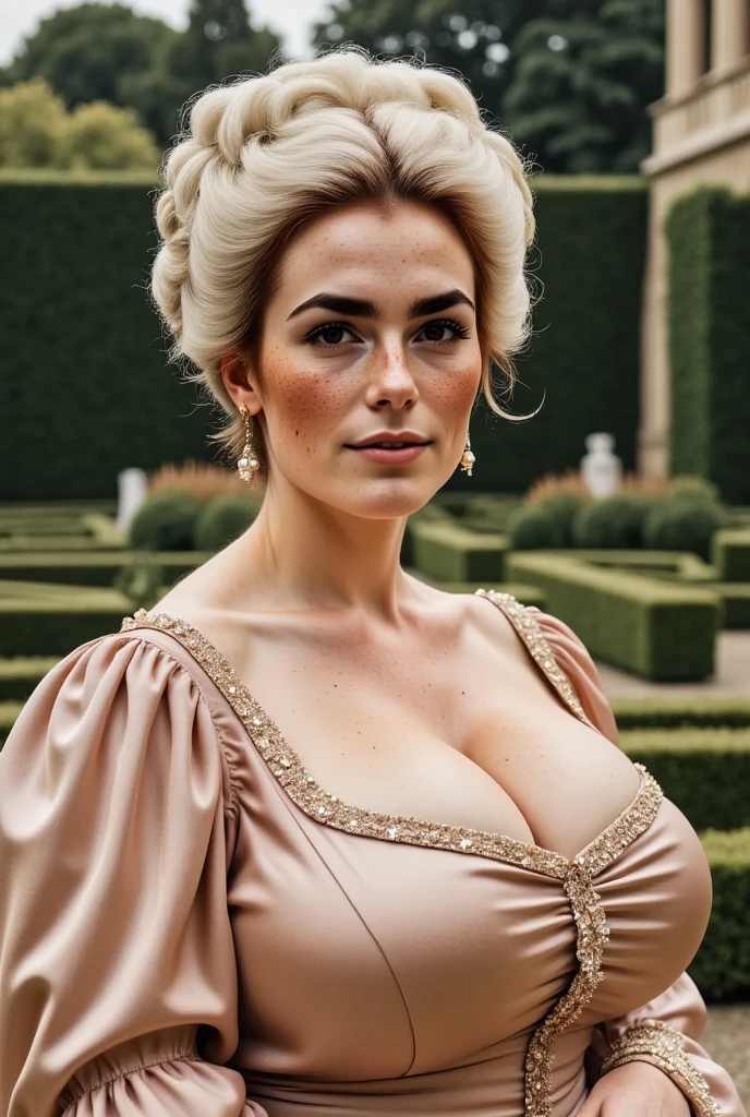 Photorealistic, cinematic style, a picture of a beautiful British woman dressed in a rococo fashion, wearing a light rose 1700s style silk dress with pearl decorations, square neckline, bulging cleavage. ((White powdered wig)). She's got brown eyes, downturned eye shape, whitish pale skin and freckles, perfect hand,HDR, intricate details. She's standing in a geometrically designed french garden. French court, opulence, Marie Antoinette. Slight smile. 