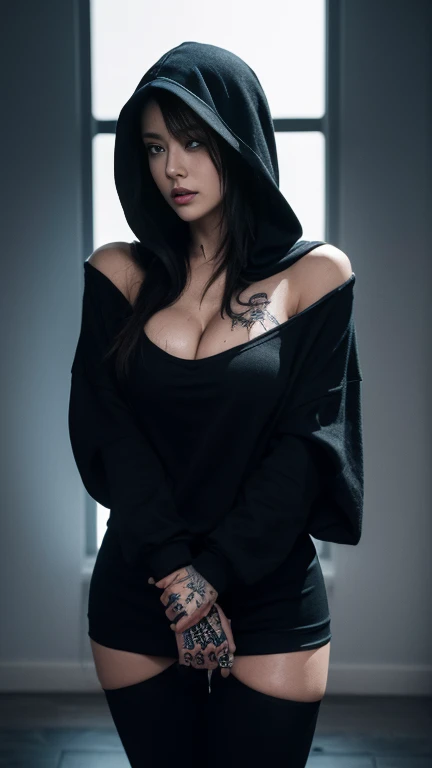 beautiful girl, goth, black hair, makeup, thick lips, black lipstick, gothic makeup, seductive figure, firm breasts, black hoodie, cleavage, black miniskirt, black knee socks, stands by brick wall, looks at viewer, seductive pose, (against dark alley background), (night, dark)