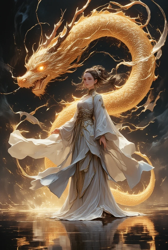 a image in 3 colors , white ,Black and red,  In an ancient Chinese mythological setting, a majestic dragon god transforms into a graceful goddess wearing flowing silk robes, surrounded by swirling golden dragon-shaped mist; the shimmering lake reflects the reversed gender form, giving a dreamlike quality to the scene.