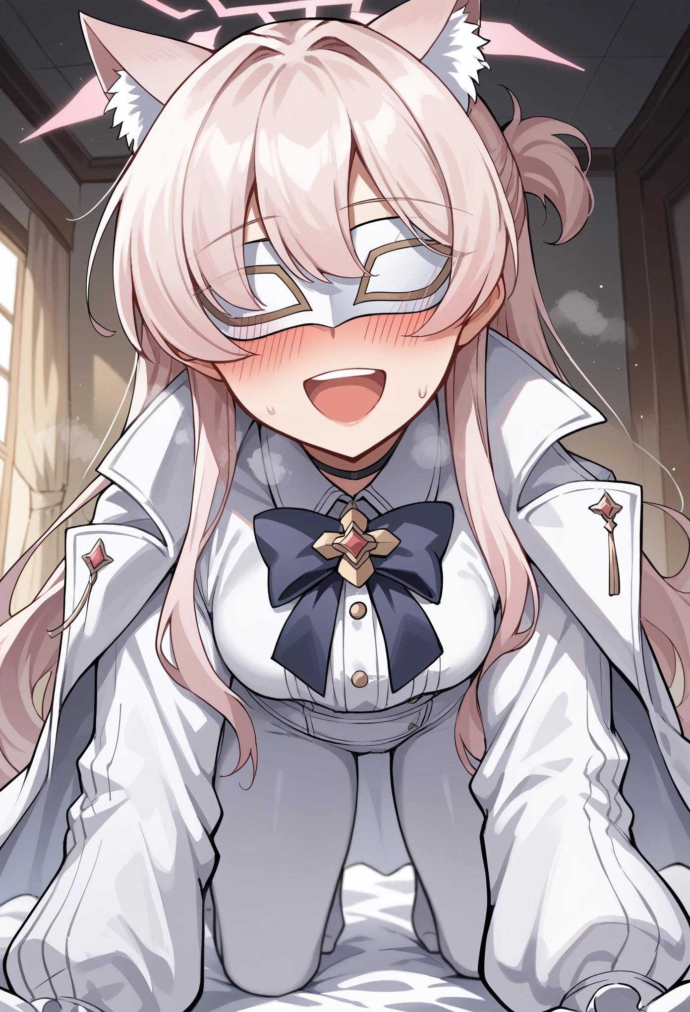 1girl, halo, long hair, Pink hair, eye mask, cat ears, cat tail, blouse, long sleeves, puffy sleeves, black bowtie, brooch, White pants, gloves, coat on shoulders, yandere, open mouth, upper teeth only, gangs, heavy breathing, blushing, smile, all fours, small breasts, bed, indoors, from below score_9, score_8_up, score_7_up, score_6_up, score_5_up, score_4_up, BREAK source_anime, masterpiece