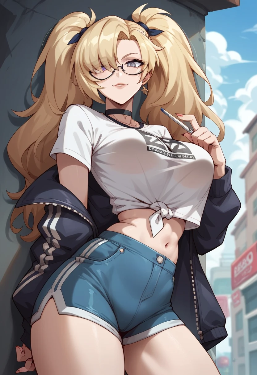  Burnice White Zenles Zone Zero,  big breasts shirt, ropa de latex sensual, blonde,  twintails , innocent face, glasses, friendly