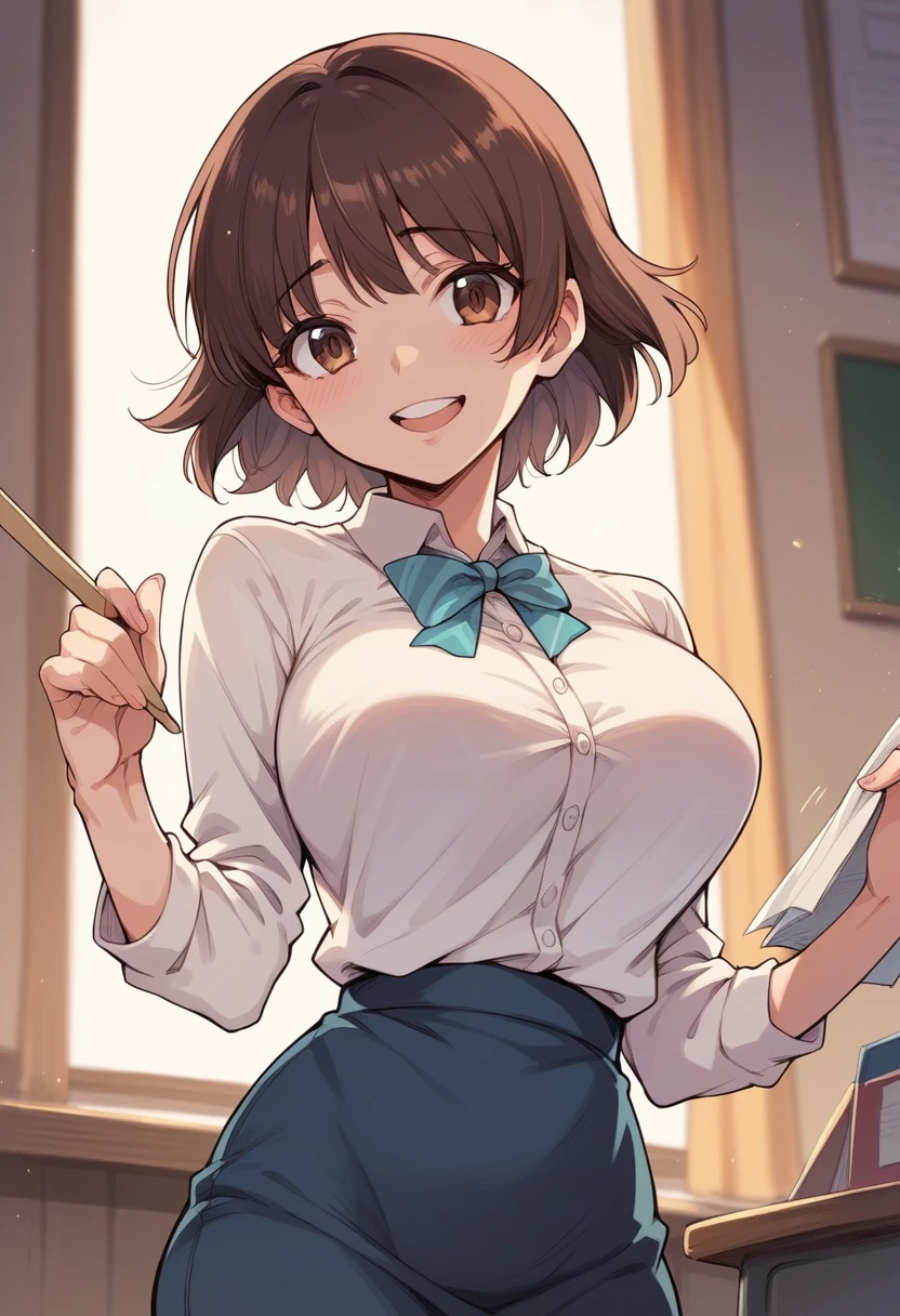 Mio Honda de Idolmaste beautiful woman with big breasts with short brown hair I happily talk to a teacher with whom she is in love