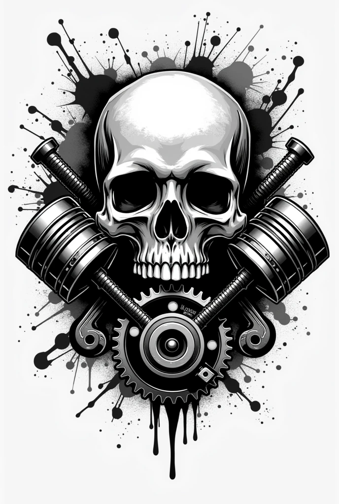 T-shirt design, two crossed pistons with a skull, vector art inspired by Ed Roth, featured on behance, conceptual artwork, garage, heavy metal t-shirt design,T-shirt design