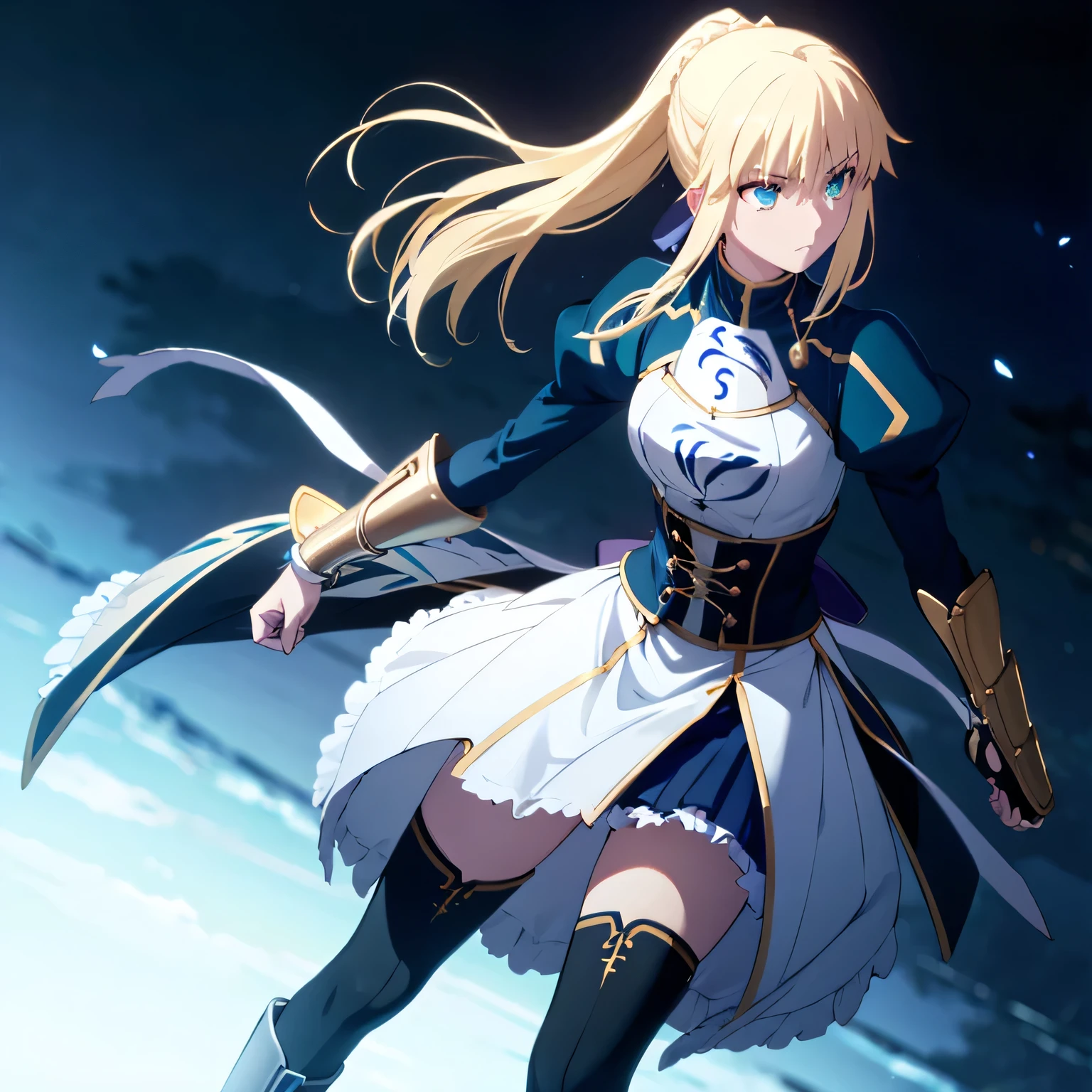 Saber from fate; aesthetic; bohemian; realistic; skirt; stockings; skinny fit; honor pose; emo; staring on foreground; very bright and shinny eyes; night castle background; Dark fantasy; focus on hips; goddess; solo girl; katana