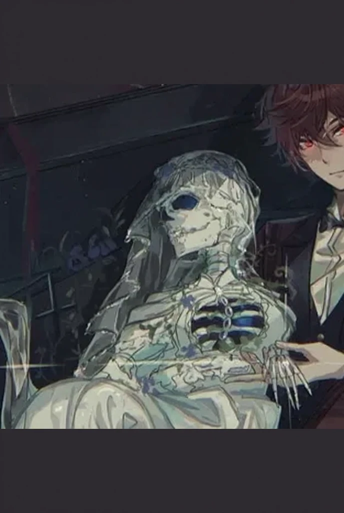 a skeleton female butler with short hair, wearing a feminine suit, with a skeleton face, in a bowing pose, in a large gray room with a beautiful chandelier
