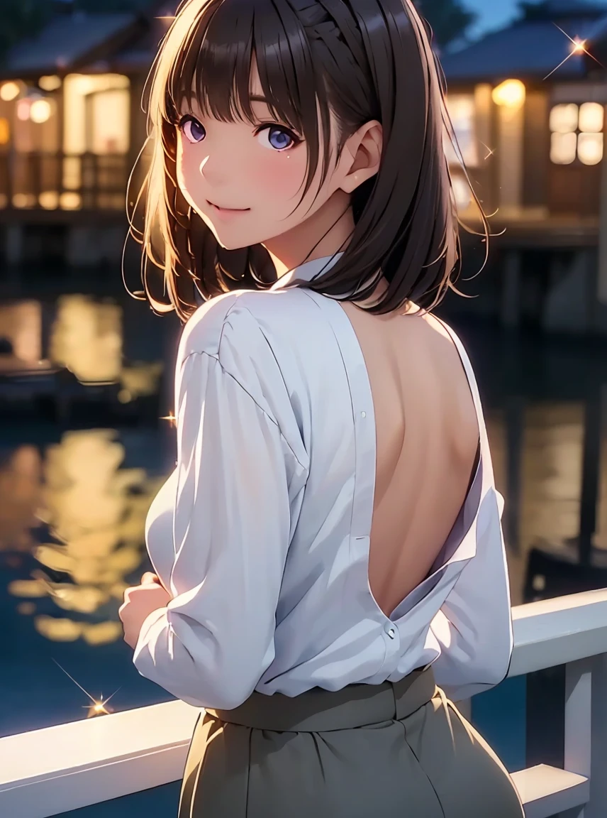   high resolution on down ,In 8K, best quality, Details,Semi-realistic anime, D Anime Style , Smooth Animated CG , one girl playing pranks, 19-year-old Japanese woman,slim,modeling,((Sparkling Eyes)),(( medium hair)),(Maroon Glowing Hair ), Pink Lips, Shiny brown hair, Detailsな顔,Beautiful and  Details,,((深い青紫色のSparkling Eyes)),(Shut your mouth.),(Laughter),((Black long sleeves)),(((Black blouse))),(( light blue-gray pencil skirt )),(Sit on the seawall in the harbor ),((Pier at night)),((slimな身体)),( look at the camera),(( bounce up the hair on the back of the neck with both hands)),((真横を向いて look at the camera))