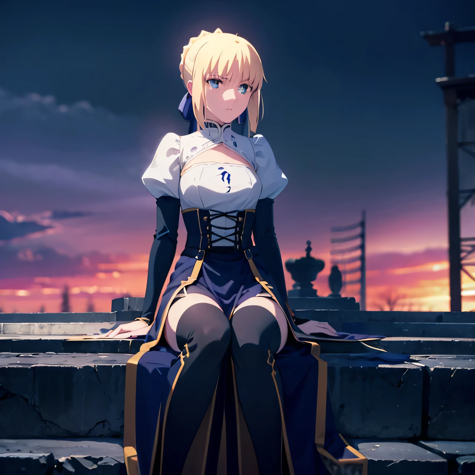 Saber from fate; aesthetic; bohemian; realistic; skirt; stockings; skinny fit; sitting honor pose; emo; staring on foreground; very bright and shinny eyes; night castle background; Dark fantasy; focus on hips; goddess; solo girl; katana