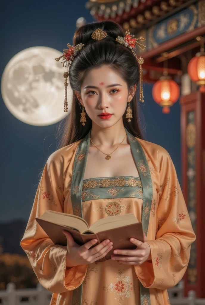 GGGJAAA，make up，huadian ，Hanfu，Magnificent buildings，palace，architecture ， east asian architecture ， highest image quality、Real images、 is the best quality,masterpiece, highest image quality、Real images、 Middle,Full Moon Night，Hanfu美女坐在镜头前，Turn pages gracefully， Her delicate facial features show a perfect face。 She has a beautiful and exquisite appearance 。。。。。。，穿Hanfu， The colorful colors make it even more dazzling 。She has long hair，Wearing a shawl，Show charm。This is a real photo， showing the charm and style of a perfect woman 。Taking the stage ，She plays solo， With a charming smile on her face ，Hanfu魅力的完美展现。