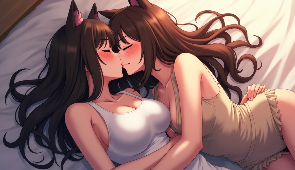 2 two 2 girls....... 16 years old,  smile Cat girl   ( cat ears, shaggy medium length brown hair with one 1 short braid, brown  cat tail, closed eyes,  , big  tits big hips big lips ))).................  Horny lusty slutty naked sleeping on the bed in bedroom .... 2 two 2 girls touching each other's pussies masturbate masturbation fuck dildos 