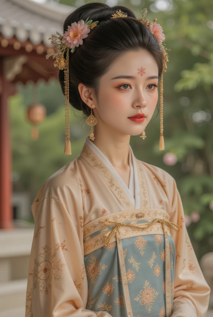 GGGJAAA，make up，huadian ，Hanfu，Magnificent buildings，palace，architecture ， east asian architecture ， highest image quality、Real images、 is the best quality,masterpiece, highest image quality、Real images、(A pair),(Traditional Chinese fantasy ),( Ancient China),(Period clothing),(portrait), ( bright and vivid colors ),( soft lighting),( fine intricate patterns on clothes), ( lush green background ),(Romantic atmosphere),(  Elegant Posture  ),( A gentle smile),( slender facial features ),(Magic Elements),( Mysterious Atmosphere)