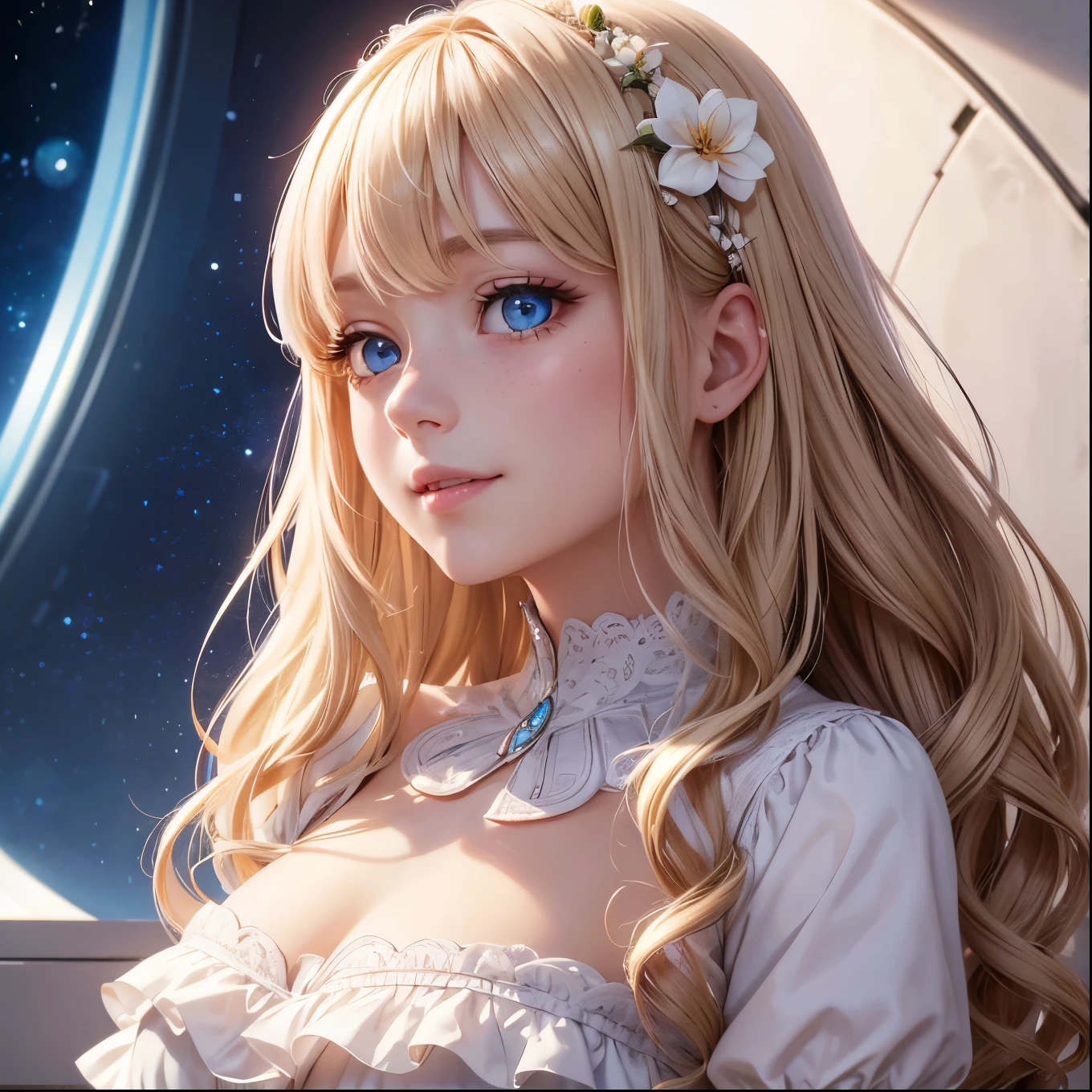 Best Quality、 high resolution on-down ,8k、 white skin、(Face and eye details:1.2)、 1 girl、smile、Big adorable eyes 、 very delicate and beautiful girl、Light Blonde、 long wavy hair 、 blue eyes、nose、(The exterior has changed a bit)、(( Very beautiful))、(Freckles:0.7)、curl、 sci-fi 、, pink dress , frills, Best Quality、 flower
