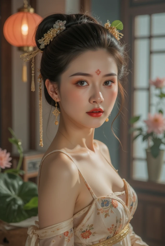 GGGJAAA，make up，huadian ，Hanfu，Magnificent buildings，palace，architecture ， east asian architecture ， highest image quality、Real images、 is the best quality,masterpiece, highest image quality、Real images、(masterpiece,  is the best quality:1.2),  1 girl at home,  alone, ((clothes showing shoulders)),  night, lantern, Candlelight, Deep in Wonderland， Her eyebrows become a painting ， Foggy room ，The heroine's figure looms out ，Just like a fairy in a painting， slim sexy legs ，Very beautiful legs， shows off her sexy legs ， big breasts ，美丽而又带着一丝mystery的色彩。Her face is beautiful and delicate，Like a finely carved jade，Showing extraordinary beauty。The eyebrows are so pretty， The waves in my eyes are like twinkling stars ，Show the light of perseverance and wisdom。Straight nose，Cherry lip color，  The slightly raised corners of the mouth showed confidence and calm。Her face is chiseled， The skin is as white as a jade ，Reveal a healthy glow，Like a fairy,  She never eats fireworks in this world。Her makeup is light and delicate，Don&#39;t decorate too much，But it is enough to show her temperament and charm。  The light foundation brings out the transparency of the skin  ， Light eyebrow pencil outlines her perfect eyebrow shape ，Eye makeup is eye shadow and eyeliner， makes her eyes brighter and more radiant 。嘴唇涂上grace的口红，Add a touch of charm and sophistication。她的衣服grace别致，Fluttering clothes ，Looks like it can be blown away by the wind at any time ，Drifting away。既不失grace，She also demonstrated her extraordinary skills。Swaying with her movements。 Her hair was randomly tied behind her head，Secure with a lotus leaf，A few strands of hair fluttered gently in the wind ，Added some softness。Her figure looms in the fairyland，宛如一道 big breasts 美丽的风景线，Attracted everyone&#39;focus on。She seems like a fairy in wonderland， big breasts 美丽、grace、mystery、and full of power。