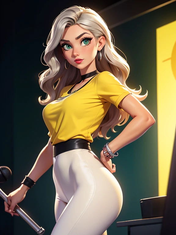 (masterpiece:1.2), best quality, high resolution, unity 8k wallpaper, (illustration:0.8), 1girl, solo, a woman in her mid-thirties, green eyes, wavy blonde hair, mascara, red lipstick, tan-olive skin, medium breasts, (Wearing: silver earrings, silver bracelets, yellow top, black leggings) she’s holding a microphone in one hand, she’s a sports commentator