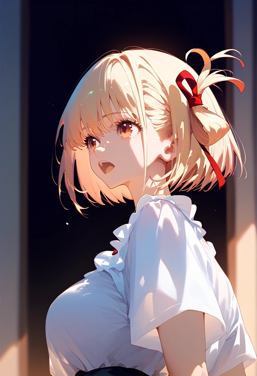 (from above:1.2),(from side:0.9), ((Face)), (Close-Up:0.4),optimal,master piece,High resolution,best quality,hyper hd,super detail,award-winning,16K,solo,(Upper body),correct anatomy,Beautiful Cyberpunk Girl,cowboy shot、cute face,,blonde、bob cut、Red ribbon hair ornament、hair line,((scarlet eyes)),long eyelashes,dangling corner of the eye,white skin,((Shoot head-on)), ((white t-shirt:1.5)), ((Clocktop、)), ((transparent nipples))、rocket , (Because I'm slender),(with sparkling eyes and a contagious smile),her thin pubic hair, looking at viewer,