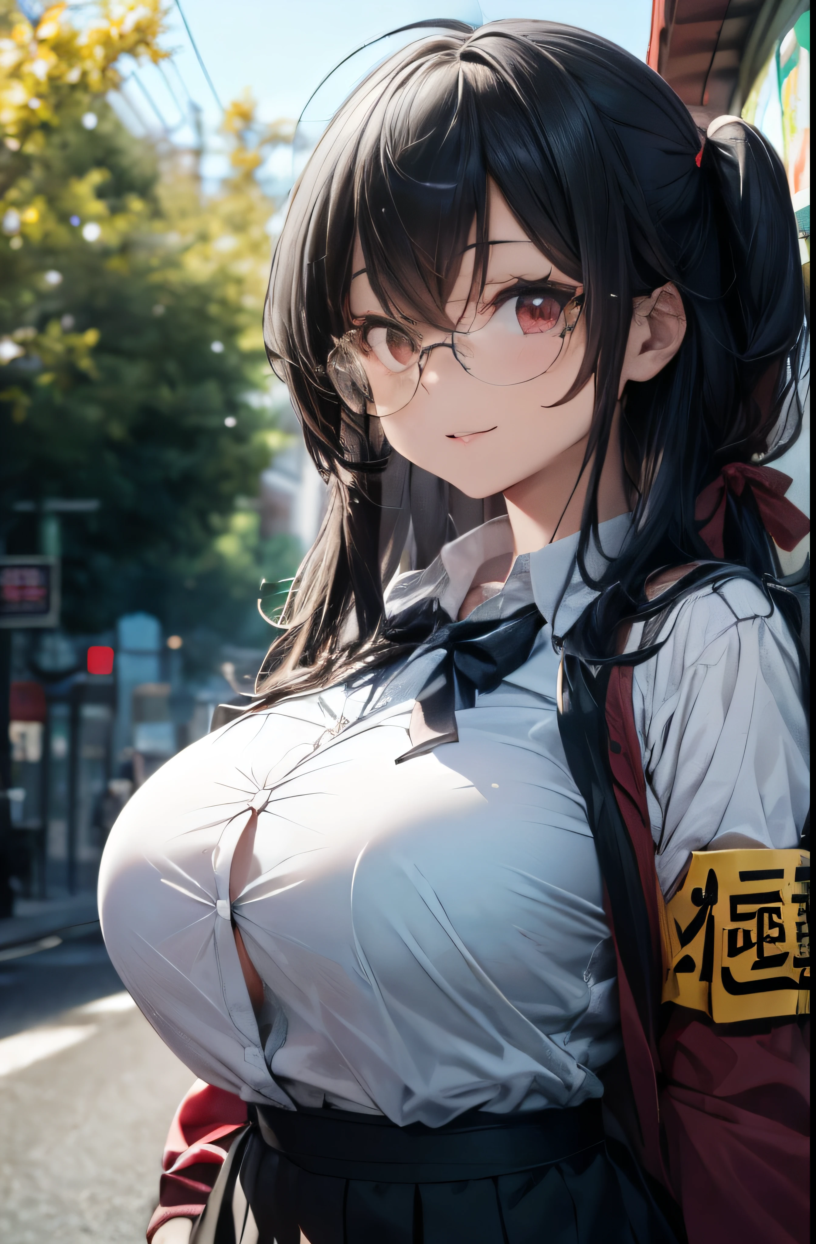 a cute school girl with big breasts, (huge breasts:1.5), JK, beautiful detailed lips, wavy brown hair, riding a bicycle on a country road, lush green trees and flowers, clear blue sky, sunlight, cinematic lighting, vibrant colors, photorealistic, (best quality, 8k, highres, masterpiece:1.2), extremely detailed, realistic, photo-realistic:1.37, (taihousweet), (school girl uniform), white shirt long sleeve, (red jacket), (((full shot)))