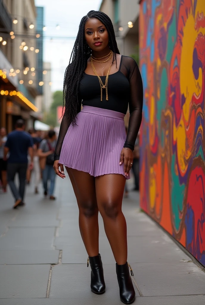 A curvaceous Black woman in a lilac pleated mini skirt paired with a fitted black top featuring mesh shoulder cutouts, accessorized with statement gold chains and black ankle boots, her box braids cascading down her shoulders as she stands by a lively art installation in a city plaza.

