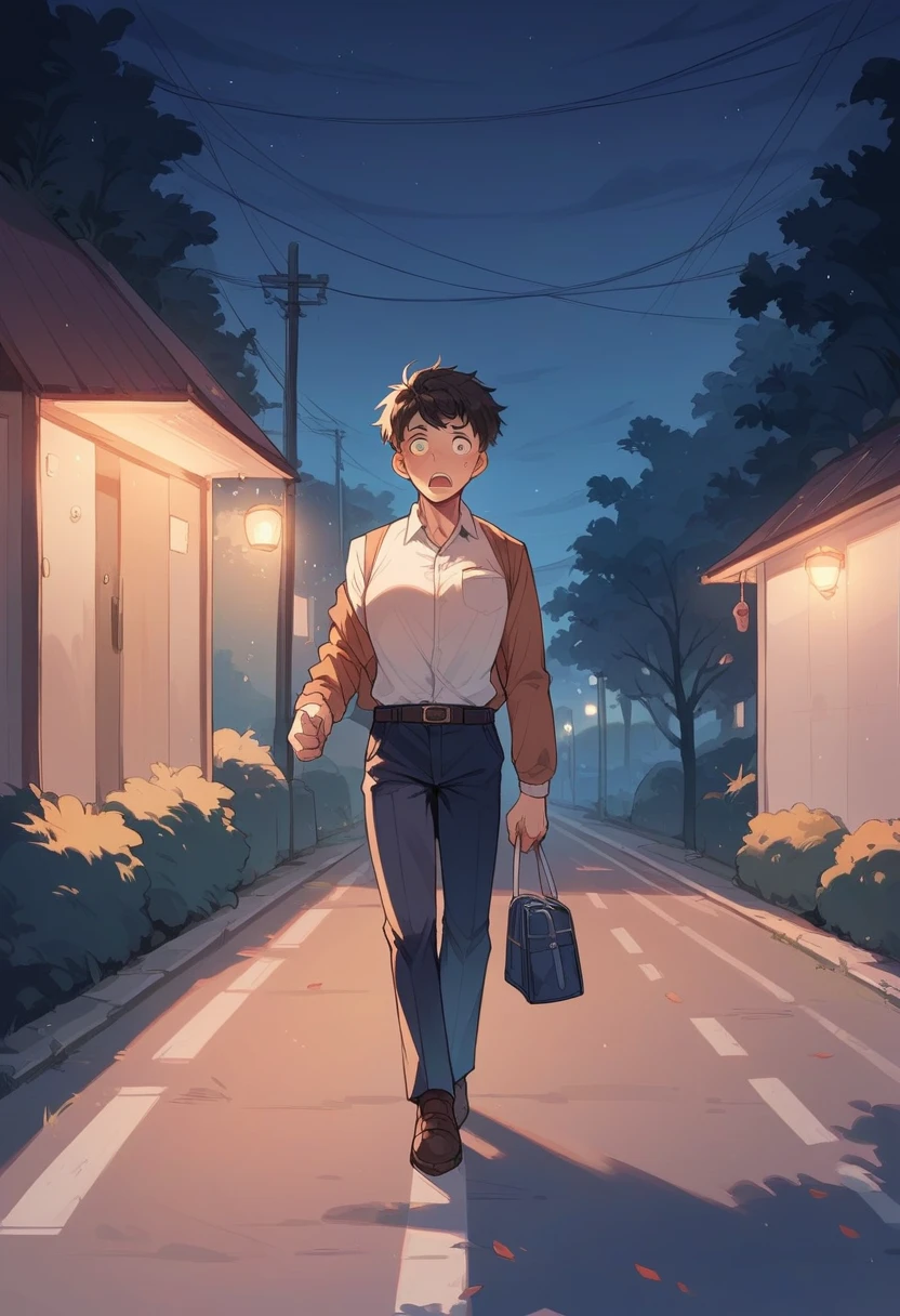 Beautiful student with short hair and big breasts walking outside school at night, Suddenly he hears a noise and he gets scared and starts to run