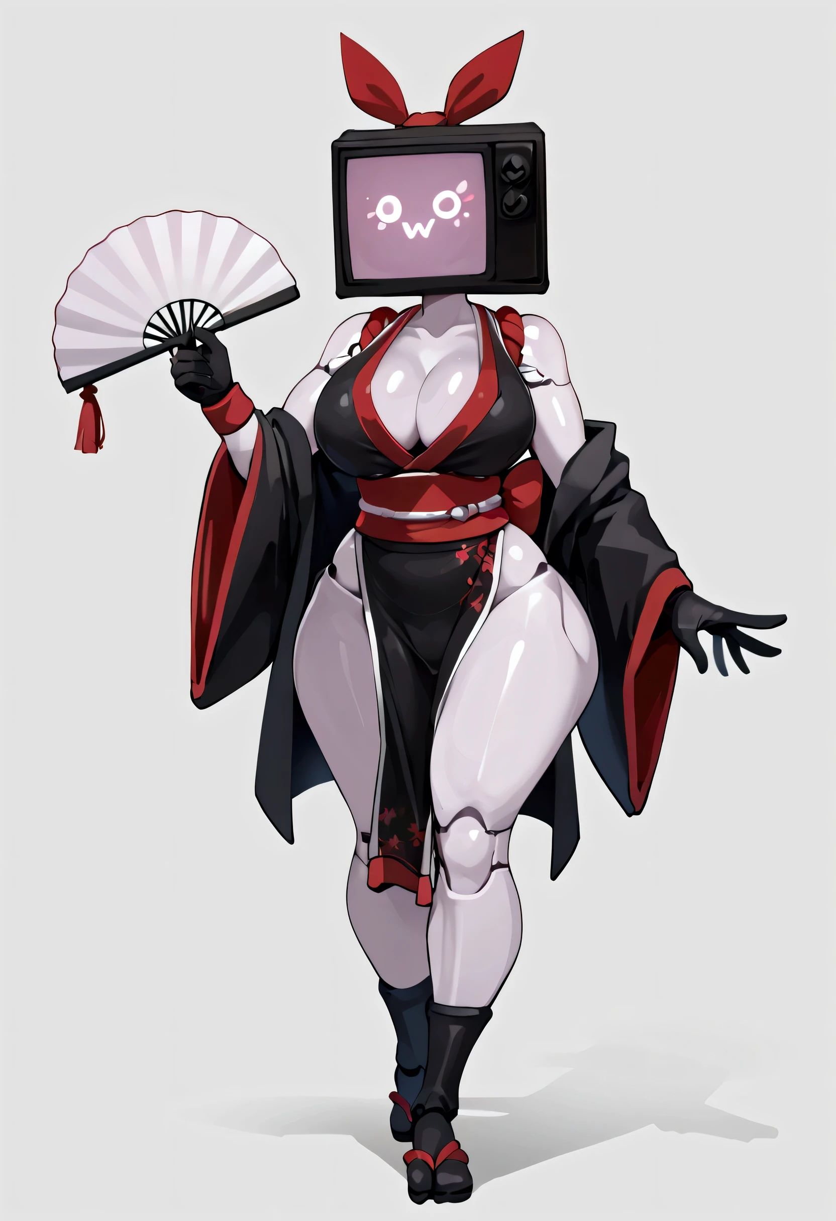 ((masterpiece, best quality)), (8k, best quality), (((best quality))), full body, 1girl, solo, white skin, humanoid Tv woman, TV head with a glowing purple screen, >w< expression, tight-fitting, athletic build, thick thighs, toned body, strong legs, defined hips, tight-fitting, TV head, score_9, score_8_up, score_7_up, score_6_up, score_5_up, score_4_up, (anime_source), sexy, dynamic pose, standing, curvy body, huge breasts, thick thighs, wide hips, good waist, single, big breasts, thick thighs, good waist, wide hips, good quality, sexy,robot girl, tvwoman, tv head, black coat, black gloves,robot girl, tvwoman, tv head, mai shiranui cosplay, shiranui mai (cosplay), folded fan, bare hips, pelvic curtain, hand fan, ninja, revealing clothes, arm guards, sleeveless kimono, rope, cleavage,