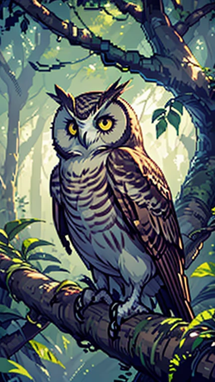 sleepy owl, on a tree branch, chiaroscuro, big eyes, (looking forward at the camera), low-res, 4-bit, pointillism, (((pixel))),(((pixelart)))