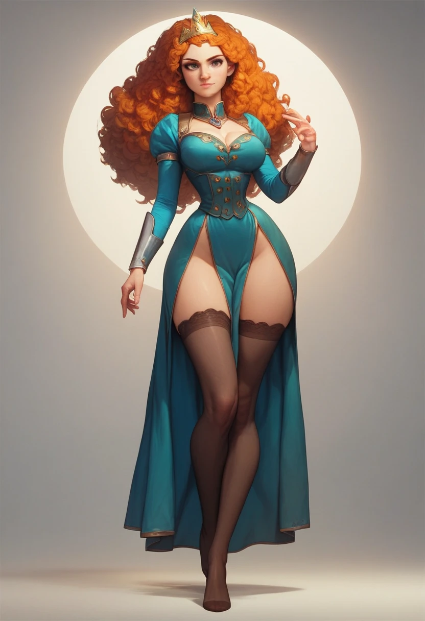 masterpiece, best quality, movie still, 1girl, princess merida - brave, over knee thick stockings, solo, looking at viewer, large breasts, wide hips, super thin waist, full body shot