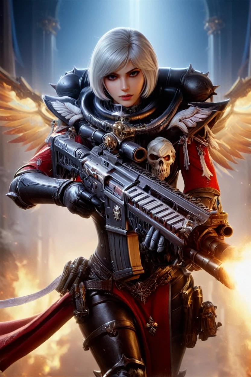 adepta sororitas, epic, cinematic scene, scenery, detailed background,  (full body:1.5), masterpiece, realistic, best quality, highres, 4k, ray tracing, intricate details, highly detailed, sharp focus, Perfect Hands adepta sororitas Assault Rifle