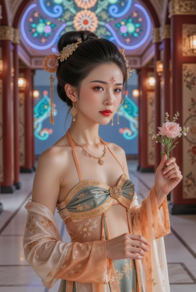 GGGJAAA，make up，huadian ，Hanfu，Magnificent buildings，palace，architecture ， east asian architecture ， highest image quality、Real images、 is the best quality,masterpiece, highest image quality、Real images、 Middle,菊masterpiece,  high quality ,  is the best quality, neon官方艺术,  beautiful and elegant :1.2), Beautiful Chinese woman egret( 1 girl at home:1.3), Extremely detailed,(Fractal Art:1.1 个neon ),(丰富Colorful的:1.1 个neon)(Flowers:1.3.neon ),highest detail,(原来是neon:1.2), ( dynamic posture), (背景上的抽象neon:1.3), (Radiance), (Colorful:1.4.neon )Full HD, ,(earrings), (feature:1.5) , (  dividing things  :1),霓虹红背景上的neon ,Phoenix neon,neon,Full HD