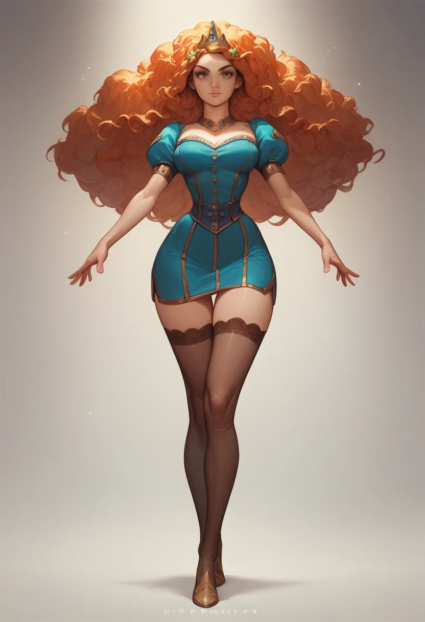 masterpiece, best quality, movie still, 1girl, princess merida - brave, over knee thick stockings, solo, looking at viewer, large breasts, wide hips, super thin waist, full body shot