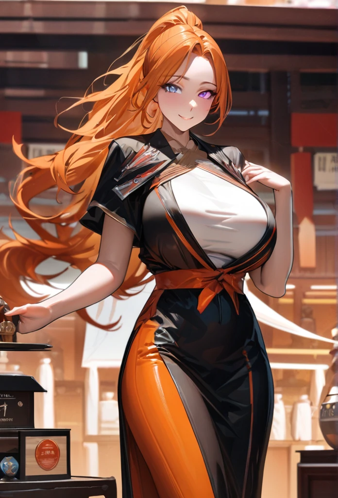 anime, anime風, BLEACH,  high resolution on down, masterpiece, accurate,  anatomically correct,  won numerous awards, 最 high quality,  high definition model,  high detail,  high quality,  very detailed,  Textured Skin,  Ultra High Definition, Perfect Fingers, Perfect hands,  perfect face, solo, 1 woman,  An Extraordinary Beauty , Beauty, Fair skin,  orange hair ,  long hair,  ponytail,  heterochromia , (Right brown :1.1, left purple eyes :1.1),  big breasts at the temple, Coffee shop background, Garçon clothes,  Tight Skirts , smile,  cowboy shot, 