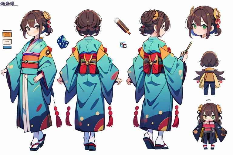 (best quality, masterpiece), droid personification of dice, chibi, nendoroido, steampunk, japanese tridetional kimono style cloth, standing , three view drawing, front and back and side, character sheet,full body,simple background,holding huge painting brush, blue and green outfit 