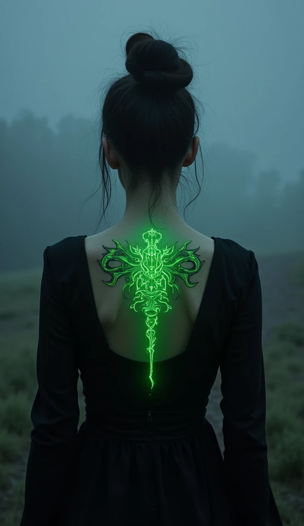 A tattooed young girl wearing an ornate metallic rim-less, meditating, wearing an elaborate detailed dress made of feathers and gemstones, full body photo, crackling green lightning, photo from behind, a crackling green lightning, by Ross Tran, by artgerm, by beeple, by Studio Ghibli, volumetric lighting, 4k resolution, octane render, trending on artstation