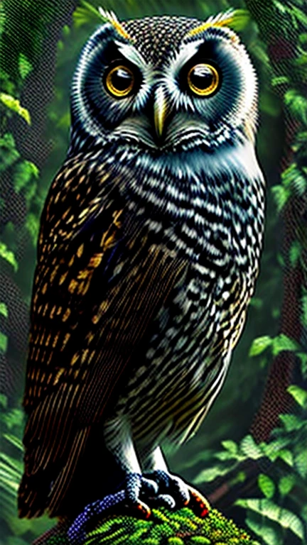 sleepy owl, on a tree branch, chiaroscuro, big eyes, (looking forward at the camera), low-res, 4-bit, pointillism, (((pixel))),(((pixelart)))