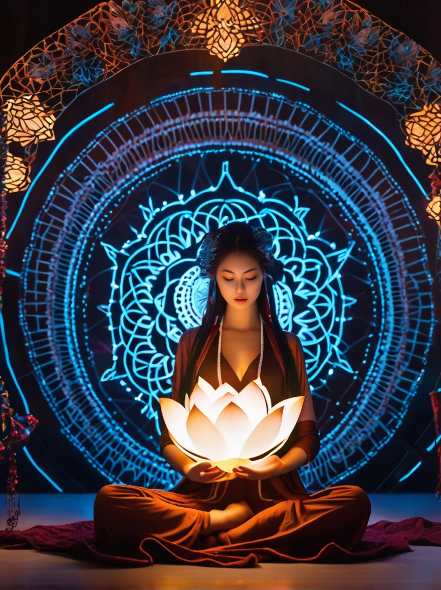 Full body photography of girl in lotus pose，Raw, movie shot, (Sharp focus:1.5), (Reality:1.4), Dusk lighting, Volumetric Lighting, Ultra-high resolution,Dramatic Lighting, White background,（Zentangle，Mandala，Tangle，Entanglement), Fox Demon，Fox Mask，Short coat, Foxfire Curse, fox family, Transformation, Depth of Field, dreamy atmosphere, Chaos in its most beautiful form, grace, Brutalist design dark theme, Flower of Death, Flowers of ecstasy，Glowing Line,Glow Example，Tracking example，flash， Backlight，translucent，Light Particles