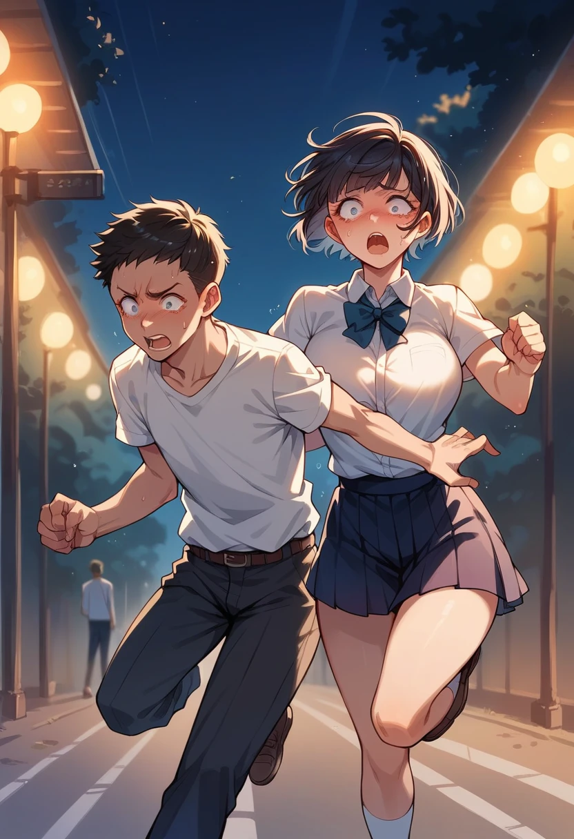 Beautiful student with short hair and big breasts running outside school at night, very scared, Man tearing his clothes while chasing her