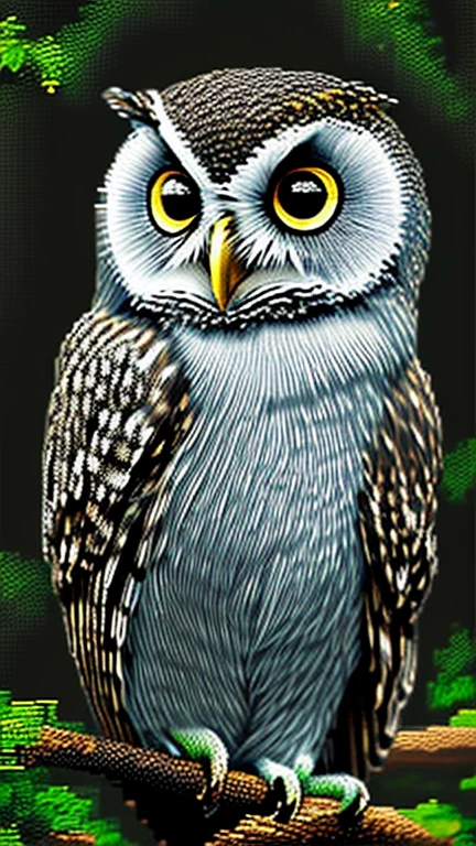 sleepy owl, on a tree branch, chiaroscuro, big eyes, (looking forward at the camera), low-res, 4-bit, pointillism, (((pixel))),(((pixelart)))