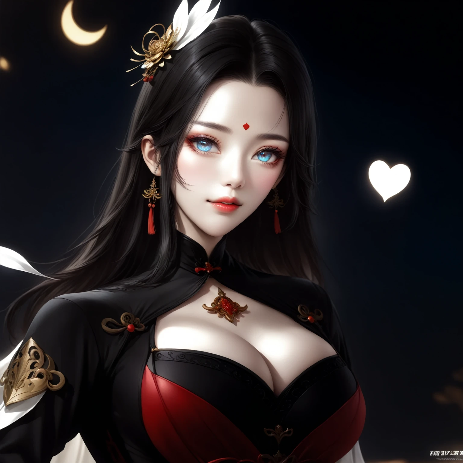 best quality, masterpiece, highres, 1girl, hanfu, white and even teeth, red irises, chinese underwear, hair ornaments, necklace, jewelry, crown jewelry. Pretty face, upper body, magic import style, tyndall effect, photo realistic, dark studio, border light, two tone light, (high detail skin: 1.2), 8k uhd, dslr , soft light, high quality, volumetric light, candid, Photo , high resolution, 4k, 8k, Bokeh, (light pink lips), 1 beautiful demon from hell, In the Dark: 1.6), surreal portraits of women by David Hockney and Alphonse Mucha, fantasy art, photorealism, dynamic lighting, station art, posters, volumetric lighting, highly detailed faces , super 8k, Awarded, in the dark, deep shadow, low light, cowboy lens, (Red phoenix shirt: 1.4), long hair, black hair, bust, luxury palace, Royal style family, devil's crown, red eyes with very sharp and detailed makeup, Best face, Very round and tight breasts, Surreal, chinese women's clothing, turtleneck polo lace top, charming smile, Beautiful eye makeup, guweiz, devil style, black lace stockings, ponytail with a bow at the back, dark red lips, Devil tattoo on shoulder, wearing a nightgown thin lace deep slit chest red black, lace cape, overcast and thunderous landscape, (Portrait), Close-up of main character, (Background detail 1.8),